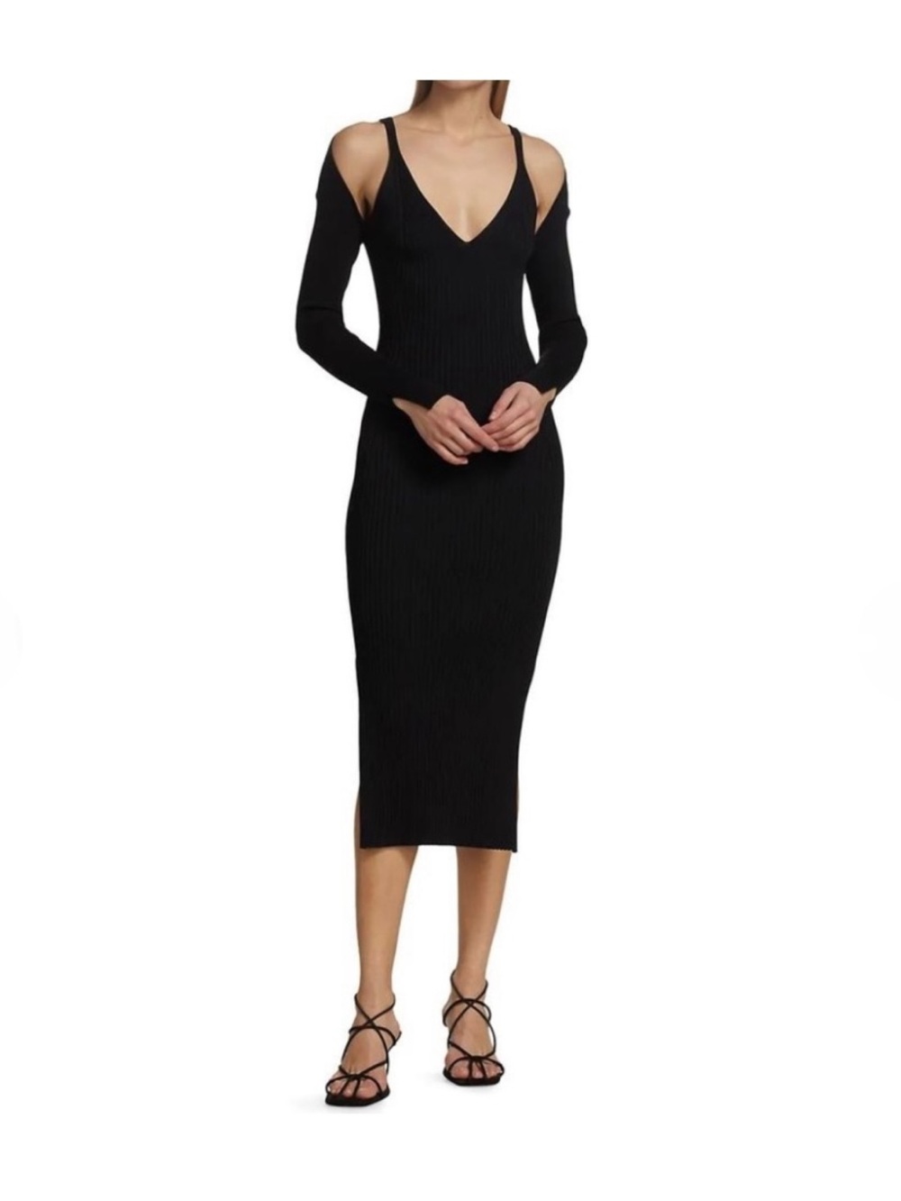 Jonathan Simkhai Black Ribbed Cold-Shoulder Midi Knit Dress
